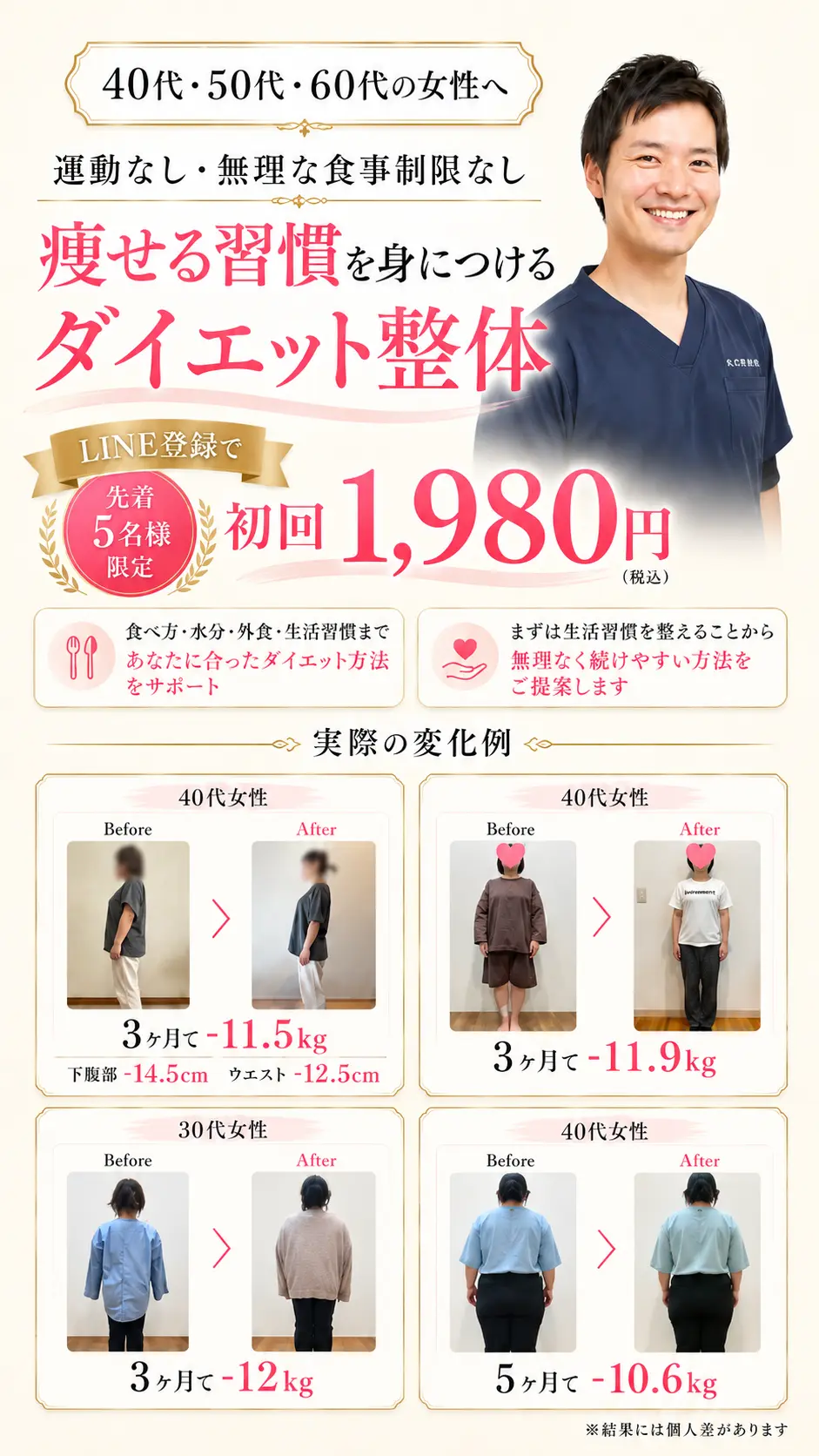 40代・50代・60代女性向け ダイエット整体 LINE登録で先着5名様限定 初回1,980円